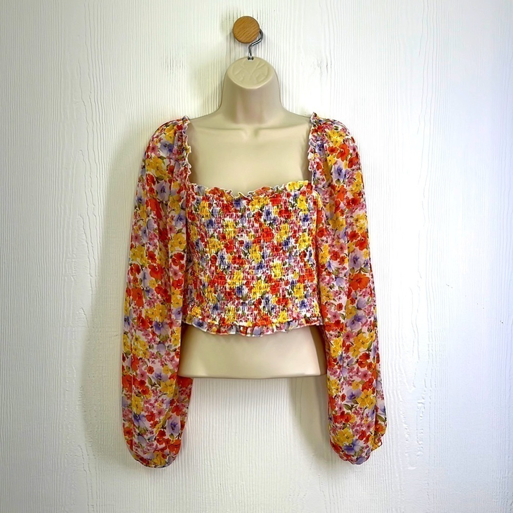 Forever 21 - Colorful Floral Cropped Off The Shoulder Long Sleeve Size Small